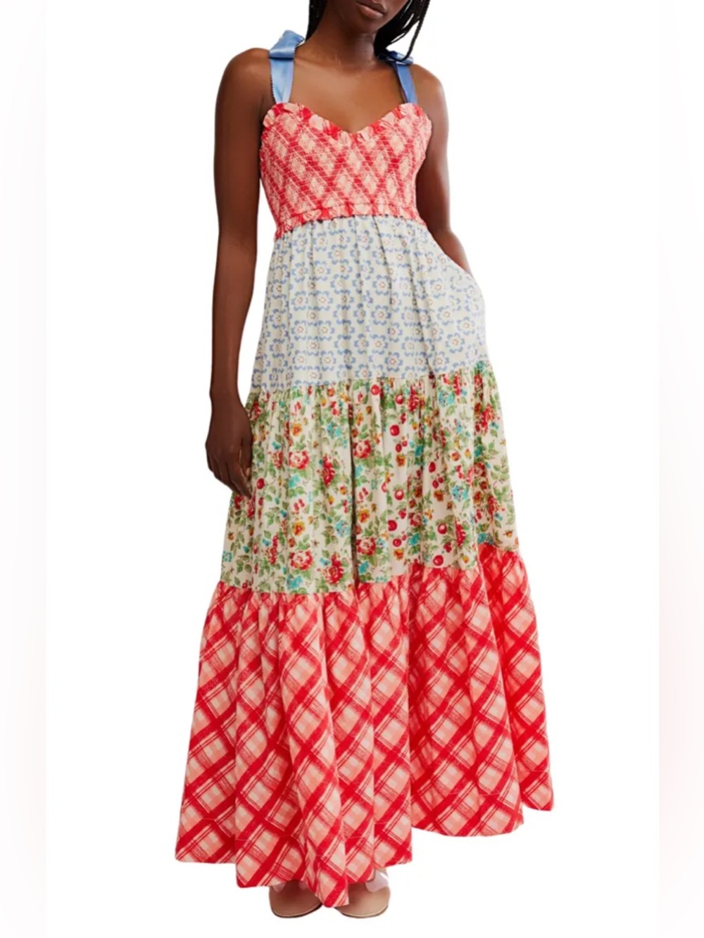 Free People Multi-Print Tiered Maxi Dress with Blue Straps - Picture 1 of 3